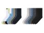 Ein Set mit 12 Socken in verschiedenen Farben, darunter Schwarz, Grau und Blau.