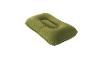 Ein olivgrünes aufblasbares Campingkissen mit weicher, beflockter Oberfläche.