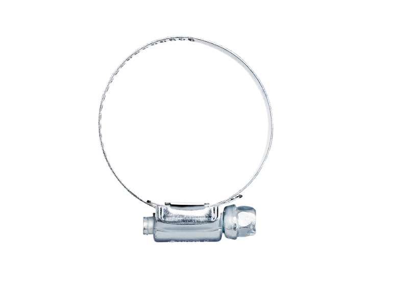 Metallschlauchschelle mit Schraubmechanismus auf schwarzem Hintergrund.