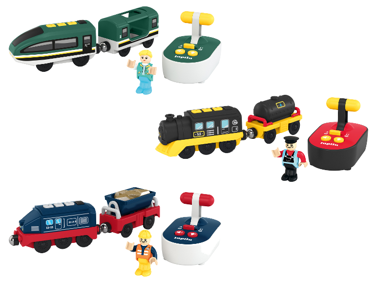 Drei Sets Spielzeugeisenbahnen mit Fernbedienungen und Figuren.