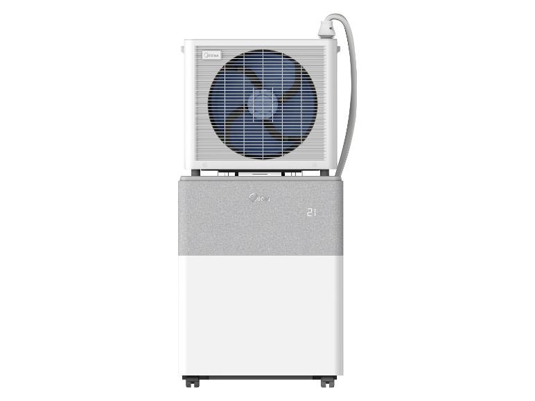Weiß-graue mobile Klimaanlage mit Außengerät und Digitalanzeige.