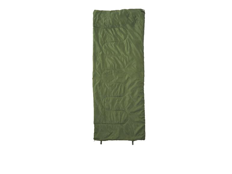 Grüner Schlafsack mit gestepptem Design, isoliert auf weißem Hintergrund.
