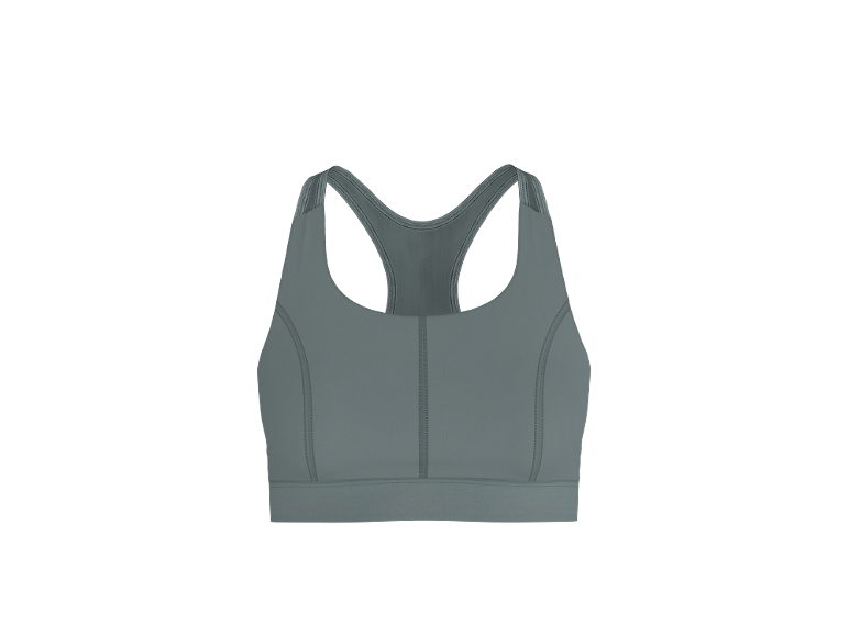 Graublauer Sport-BH mit Racerback-Rücken.