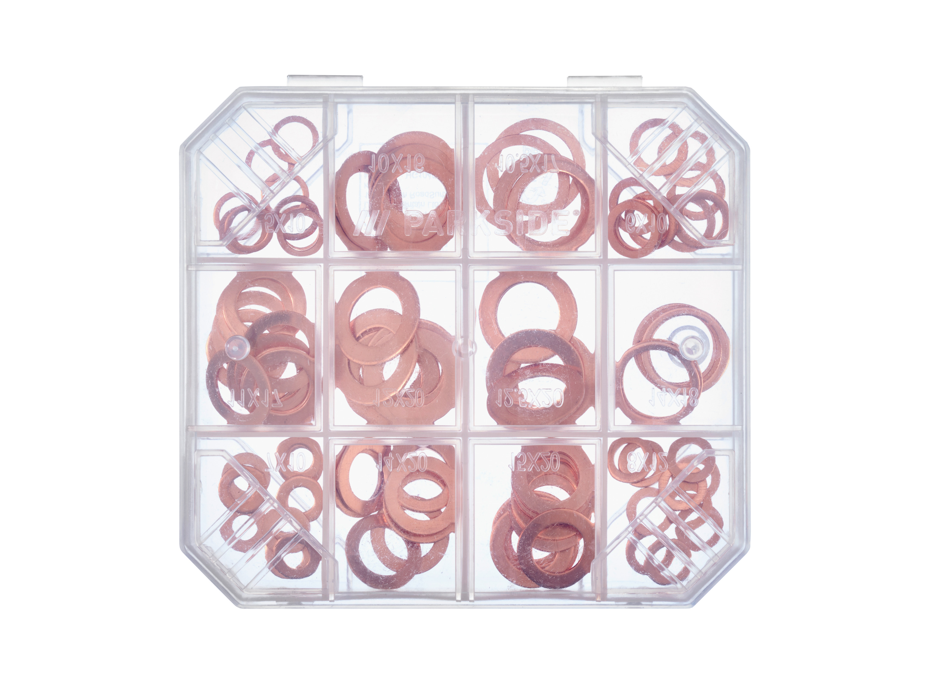 PARKSIDE® Dichtungssortiment (Kupferdichtring 100 tlg. Set)““ | Haushalt, Garten, Werkstatt etc. Übersichtlich sortiert in praktischer Box Inkl. Gebrauchsanweisung Dichtungs-Sortiment Verhindern das Austreten von Flüssigkeiten sowie das Eindringen von Staub, Sand, Luft usw. 142x Fiberring 30x Siphondichtung 16x Gummidichtung 24x PE-Dichtung 114x O-Ring 60x Ventildichtung 386-teilig O-Ring-Sortiment Zum Abdichten von Zylindern und Rohren, zur axialen Dichtung bei Flanschen, Platten sowie Verschlüssen In verschiedenen Größen Innen 3