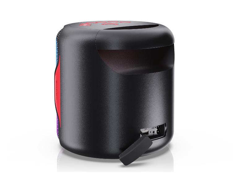 Schwarzer tragbarer Lautsprecher mit bunten Lichtern sowie USB- und AC-IN-Anschlüssen.