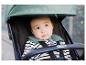 Baby im Kinderwagen, mit gestreiftem Hemd und grünem Kragen.