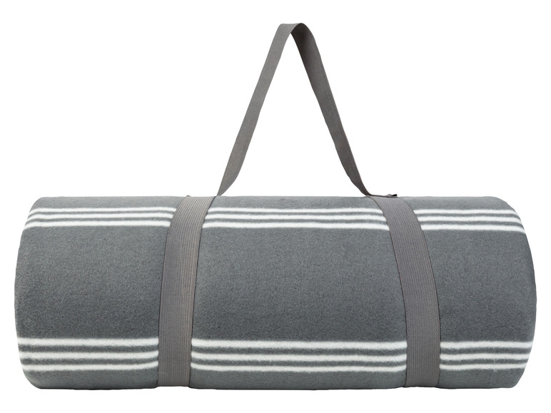 Eine graue gestreifte Decke mit Tragegurten.