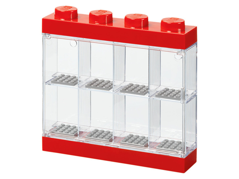 Eine rote LEGO Aufbewahrungsbox mit transparenten Fächern.
