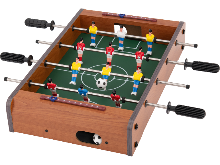 Kompakter Tischkicker aus Holz mit roten und gelben Spielern.
