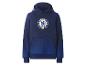 Dunkelblauer Kapuzenpullover mit rundem Logo vorne und diagonalen Streifen unten.