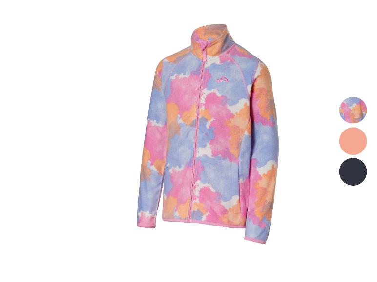 Kinder-Fleecejacke mit farbenfrohem Tie-Dye-Muster und Reißverschluss.