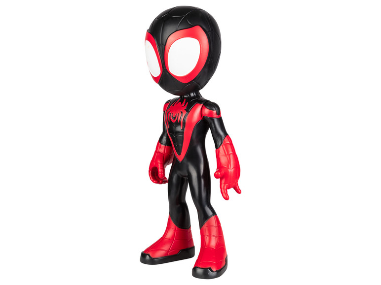 Eine schwarze und rote Spider-Man Figur mit einer roten Spinne auf der Brust.