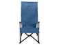 Ein blauer, faltbarer Campingstuhl mit einem X-förmigen Logo.