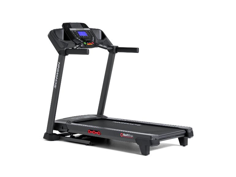 Dunkelgraues Laufband mit Digitalanzeige und roten Akzenten auf weißem Hintergrund.