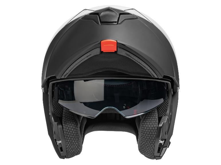 Schwarzer offener Motorradhelm mit Sonnenblende