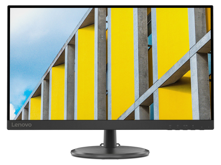 Ein schwarzer Lenovo-Monitor mit einem Bild eines Gebäudes mit gelben Wänden.