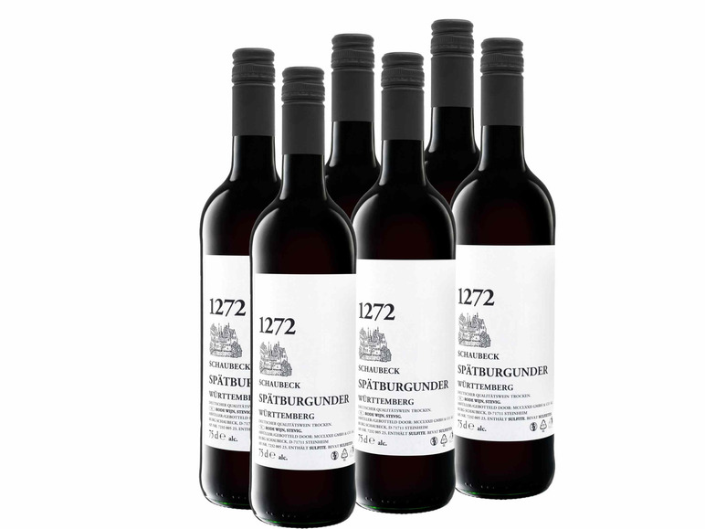Sechs Flaschen Rotwein der Marke Schaubeck, 1272 Spätburgunder Württemberg.
