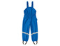 Blaue Regenhose mit reflektierenden Streifen.