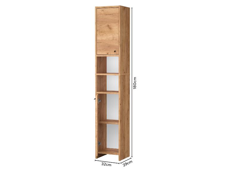Hoher Holzschrank mit oberer Tür und offenen Regalen, Maße 180x32x29cm.