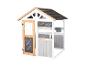 Hölzernes Spielhaus für Kinder mit schwarzem Dach, Holztür und Kreidetafel