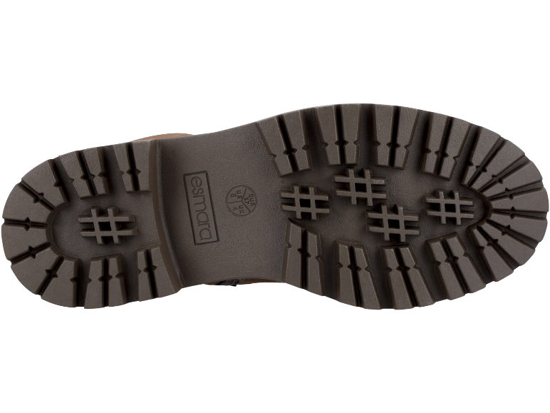 Braune Stiefelsohle mit Profil, Branding und Größen EUR 37, US 6, UK 4.