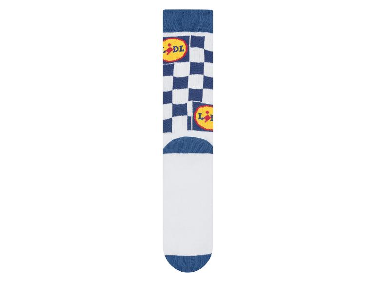 Weiß-blaue karierte Socken mit LIDL-Logo.