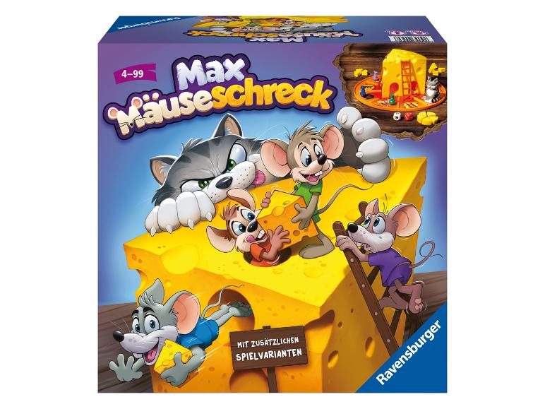 Brettspiel Max Mäuseschreck mit Mäusen und einer Katze um Käse.