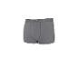 Graue gerippte Boxershorts mit elastischem Bund und Text.