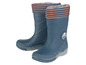 Blaue Gummistiefel mit orangen Streifen und Pinguin-Motiv.