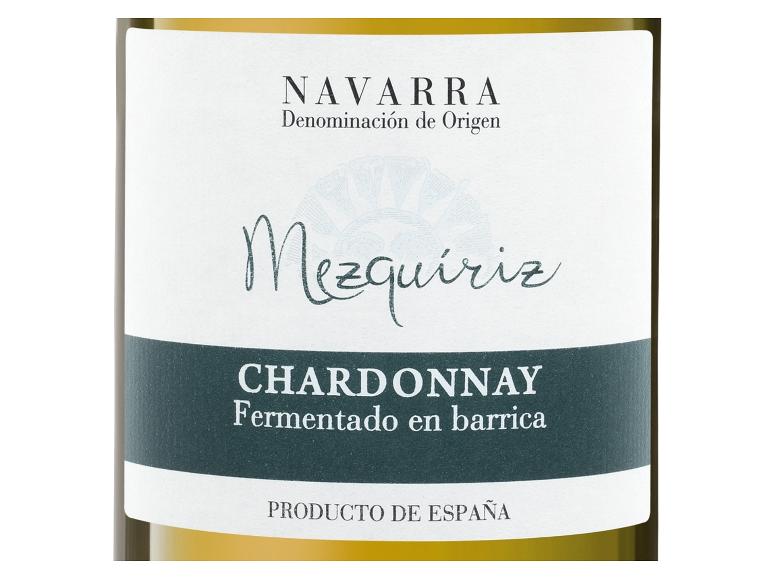 Mezquiriz Chardonnay Weißwein-Etikett, im Fass fermentiert, aus Navarra, Spanien.