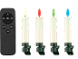 Fernbedienung und vier LED-Kerzen mit Clips, die in verschiedenen Farben leuchten.