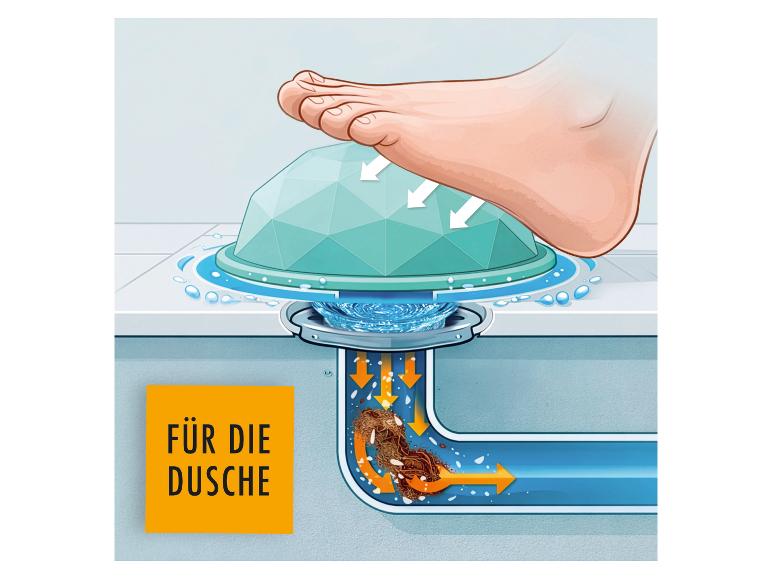 Illustration des DEKADOME Abflussreinigers für die Dusche, der mit dem Fuß bedient wird.