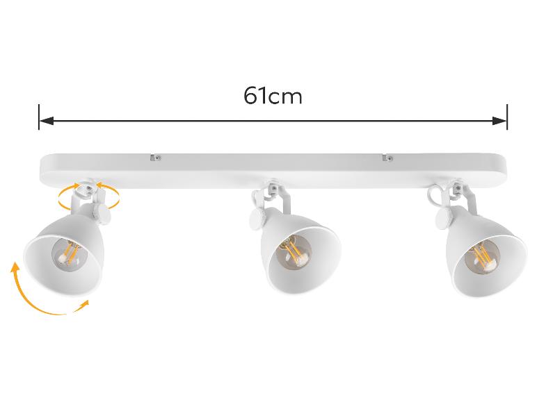 Weiße 3-Flammen-Deckenleuchte, 61 cm lang, mit verstellbaren Köpfen und sichtbaren Filamentlampen.