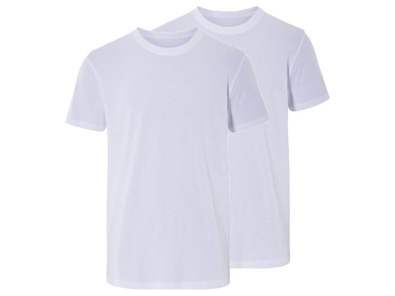 Zwei weiße T-Shirts mit kurzen Ärmeln.