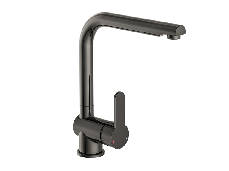 Eine schwarze Küchenarmatur mit einem langen, gebogenen Auslauf.