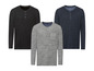 Drei Herren-Langarmshirts: Schwarz, Grau und dunkelblau gestreift.