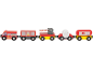 Holzspielzeug-Feuerwehrzug mit Feuerwehrauto, Güterwagen, Schranke, Schlauch und Tankwagen.