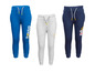 Drei Jungen-Jogginghosen in blau, grau und dunkelblau mit verschiedenen Prints.