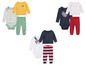 Baby-Kleidungssets mit Bodys, Hosen und Pullovern in verschiedenen Farben und Mustern.