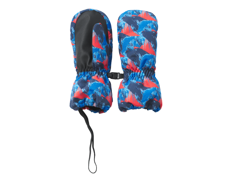 Kinder-Winterfäustlinge mit blau-rotem abstraktem Muster und schwarzem Griff.