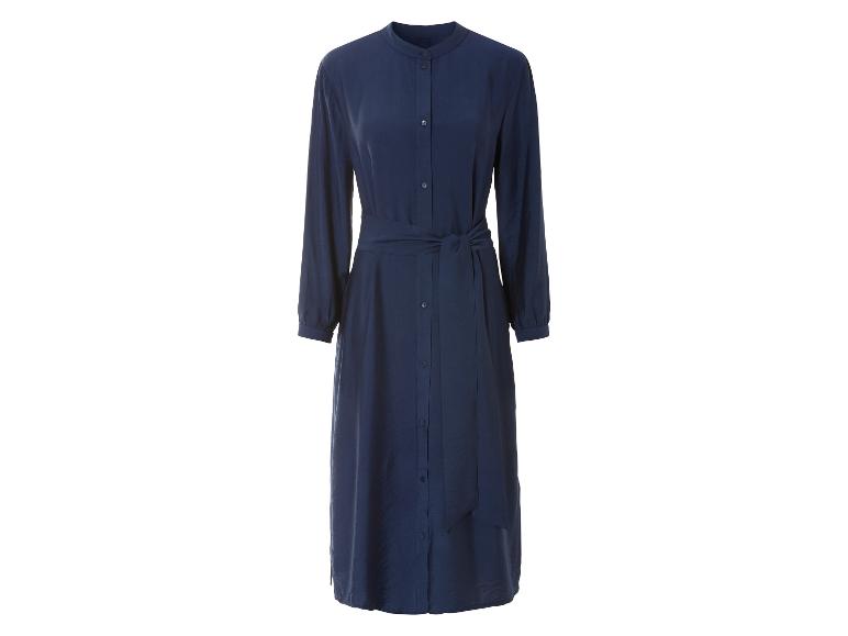 Ein dunkelblaues Kleid mit langen Ärmeln und einem Gürtel.