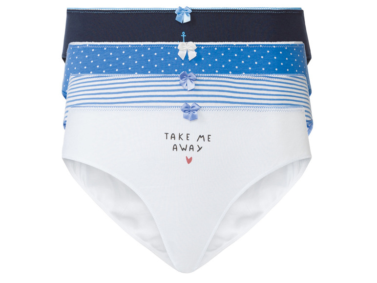 Drei weiße Unterhosen mit blauen Streifen, Punkten und Ankern.