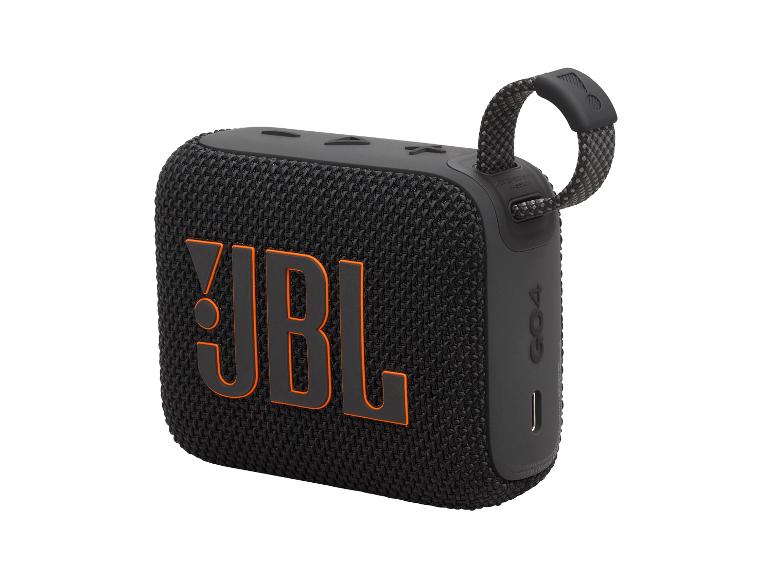 Schwarzer tragbarer JBL GO4 Lautsprecher mit orangefarbenem Logo und grauem Riemen.
