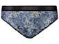 Blaue Unterhose mit Blumenmuster und schwarzem Bund.