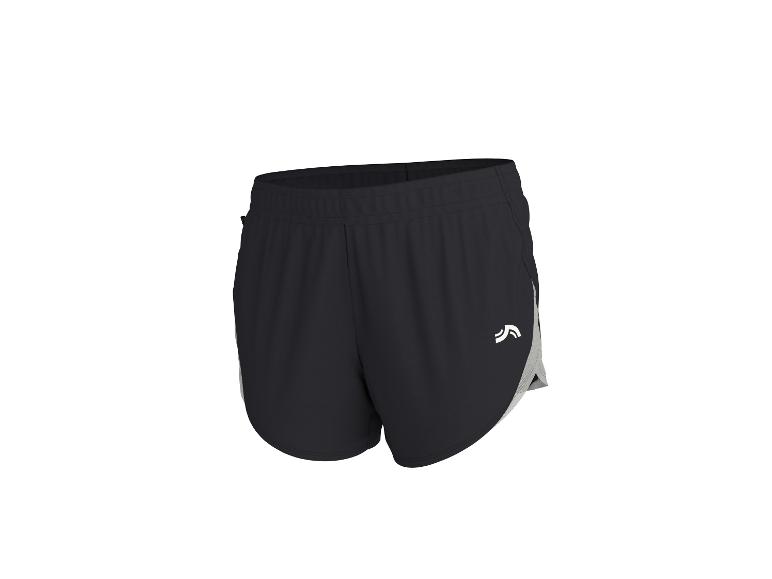 Schwarze Sportshorts mit grauen Einsätzen und weißem Logo.