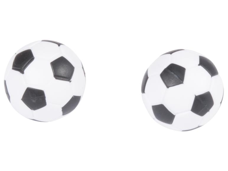 Zwei kleine weiße und schwarze Fußbälle.
