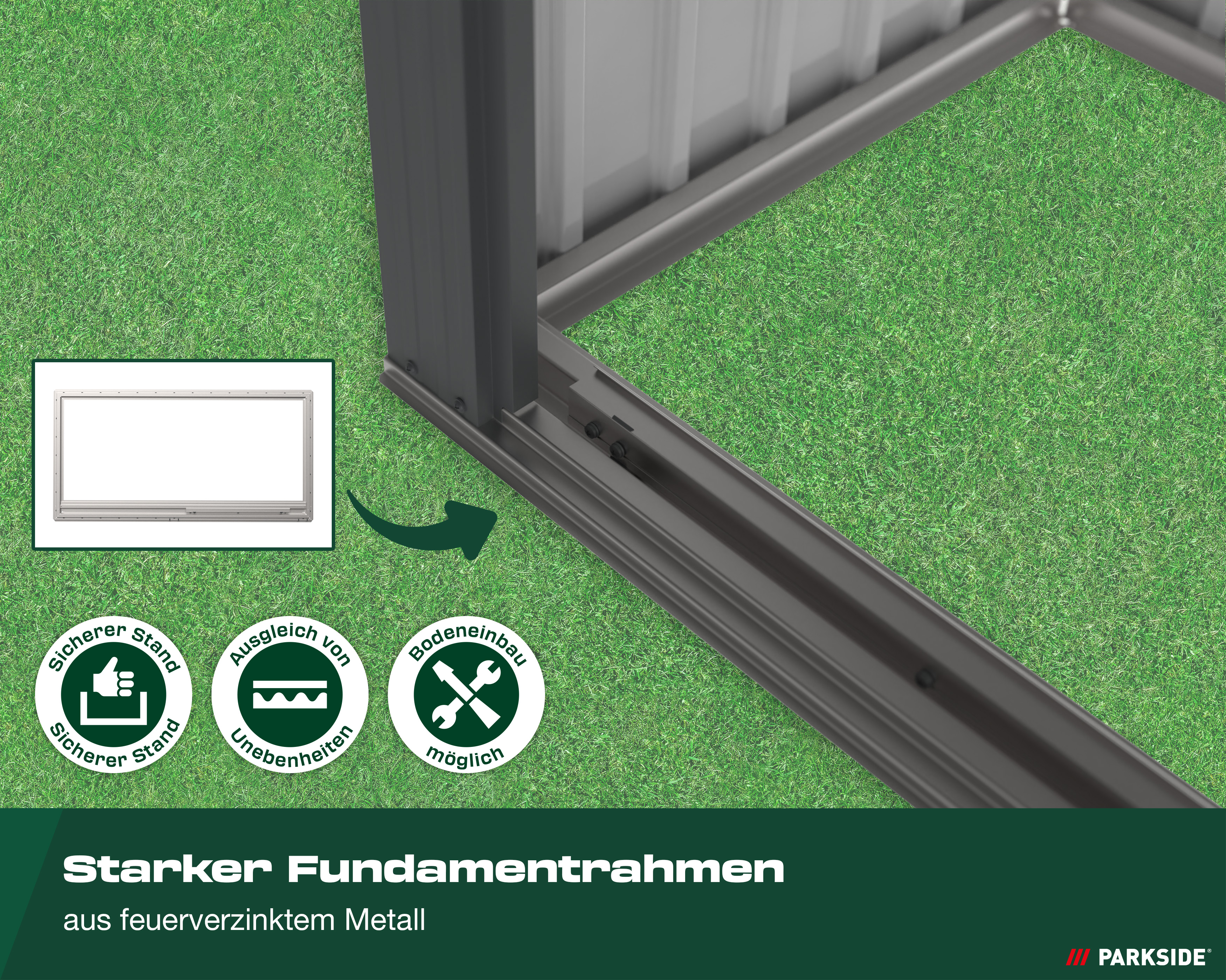 Darstellung Fundamentrahmen, aus verzinktem Metall. Sicherer Stand. Ausgleich von Unebenheiten. Bodeneinbau möglich