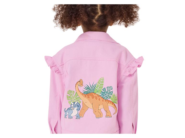 Rosa Kinder-Jeansjacke mit Dinosaurier- und Tropenblatt-Print auf dem Rücken.