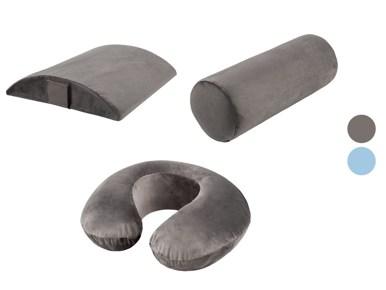 Ein Set grauer Nacken- und Rückenkissen mit einem U-förmigen Kissen.