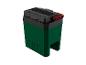 Dunkelgrüne Aufbewahrungsbox mit schwarzem Deckel und rotem Griff.